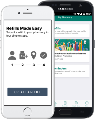 Mobile app screens showing prescription refills and pharmacy information